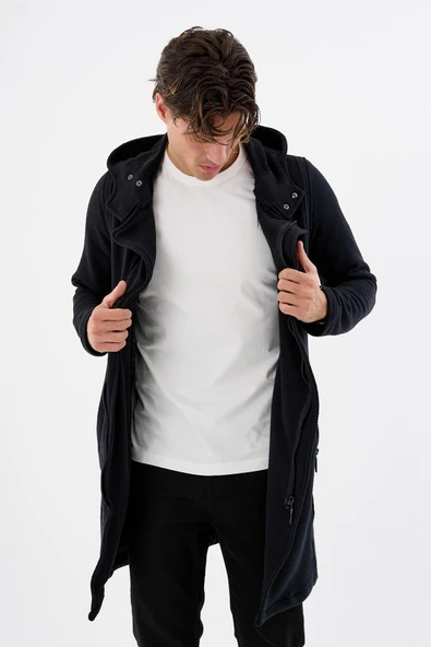 Erkek Kapüşonlu Fermuarlı Cepli Triko Uzun Salaş Spor Hırka - 9