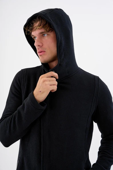 Erkek Kapüşonlu Fermuarlı Cepli Triko Uzun Salaş Spor Hırka - 7