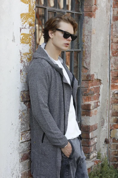 Erkek Kapüşonlu Fermuarlı Cepli Triko Uzun Salaş Spor Hırka - 2