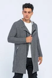 Erkek Kapüşonlu Fermuarlı Cepli Triko Uzun Salaş Spor Hırka - 3