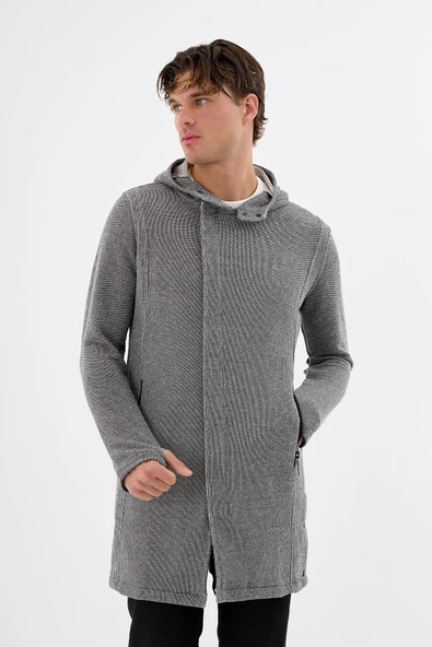 Erkek Kapüşonlu Fermuarlı Cepli Triko Uzun Salaş Spor Hırka - Resim 11