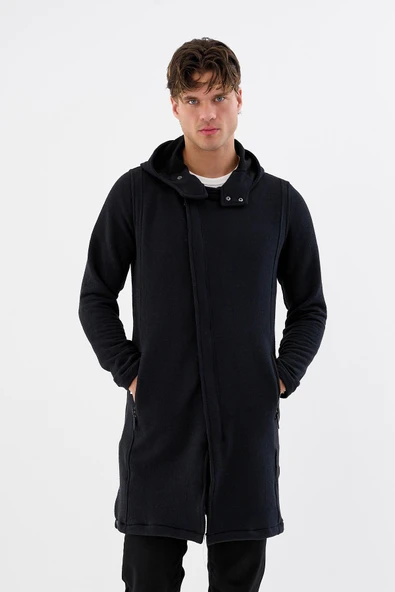 Erkek Kapüşonlu Fermuarlı Cepli Triko Uzun Salaş Spor Hırka - 6