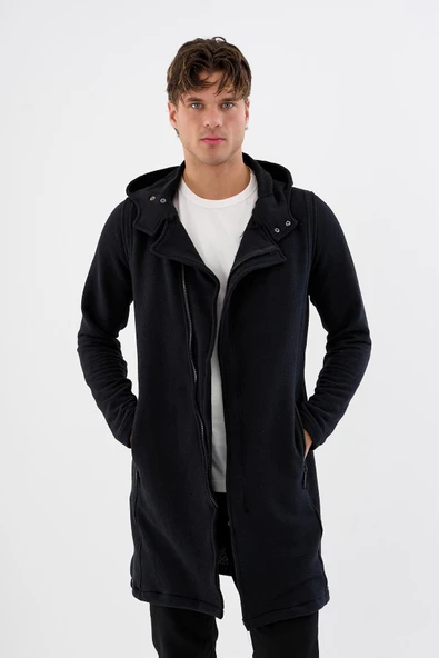 Erkek Kapüşonlu Fermuarlı Cepli Triko Uzun Salaş Spor Hırka - 5