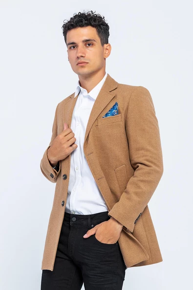 ERKEK CEKMON CAMEL YÜNLÜ İÇİ ASTARLI KABAN SPOR UZUN BLAZER CEKET - 2