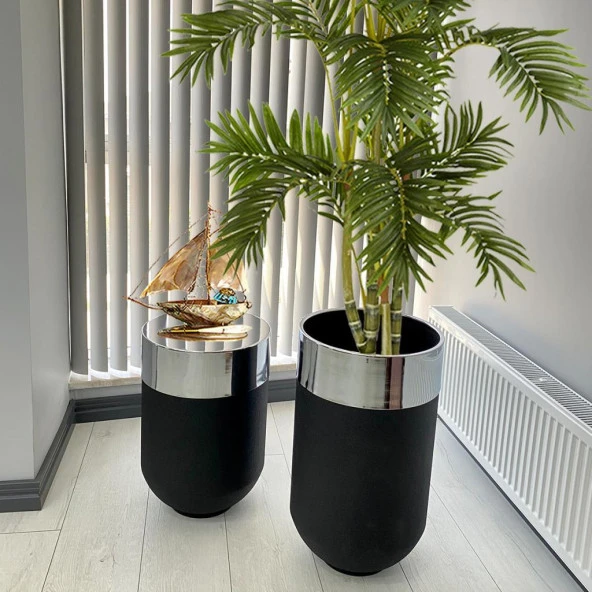 Dekoratif Gümüş Darbuka Siyah Saksı 70 cm+Sehpa 60 cm (ikili set) - 2