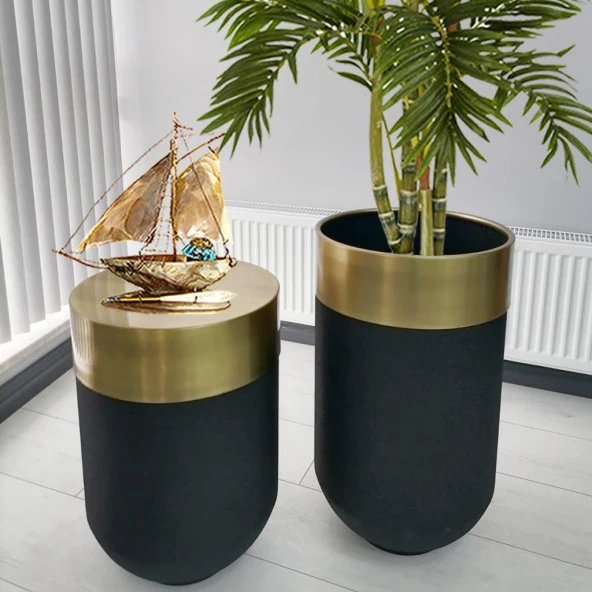 Dekoratif Eskitme Darbuka Siyah Saksı 70 cm+Sehpa 60 cm (ikili set) - 2