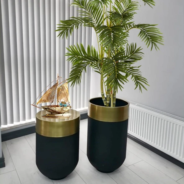 Dekoratif Eskitme Darbuka Siyah Saksı 70 cm+Sehpa 60 cm (ikili set) - 3