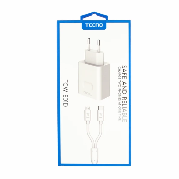 Tecno Çift UsbA Çıkışlı Şarj Aleti Type-C ve Micro Data Kablolu TCW-E01D Beyaz - Resim 6