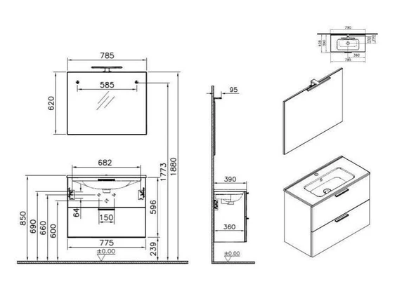 VİTRA Mia Antrasit Füme 80 cm Banyo Dolabı+Ayna+Lavabo+Aplik - 3