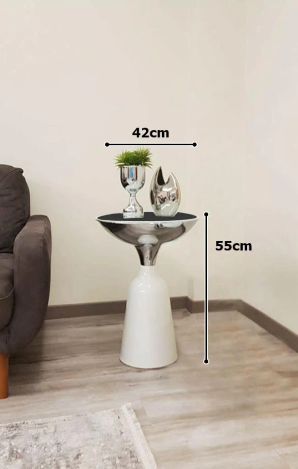 Olympos Dekoratif Parlak Beyaz Uzun Model Krom Sehpa 55 cm - 2