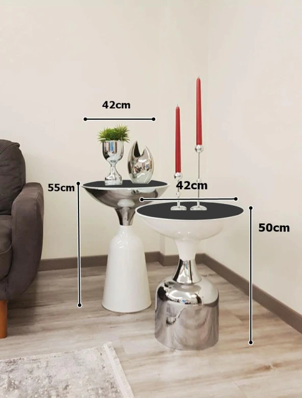 Olympos Dekoratif Beyaz Model Krom Sehpa 50 ve 55 cm - 2