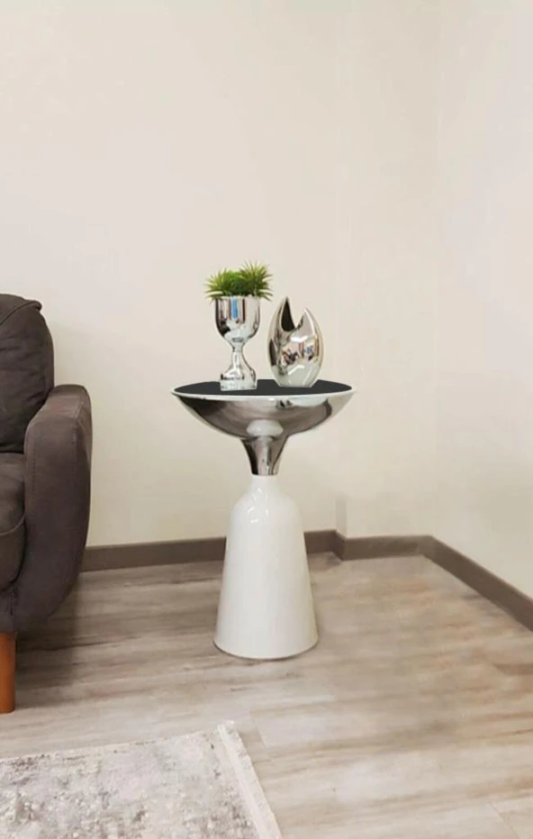 Olympos Dekoratif Beyaz Model Krom Sehpa 50 ve 55 cm - 3