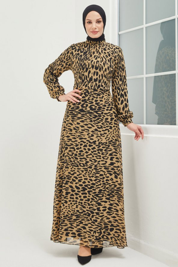 Leopar Desenli Tesettür Elbise