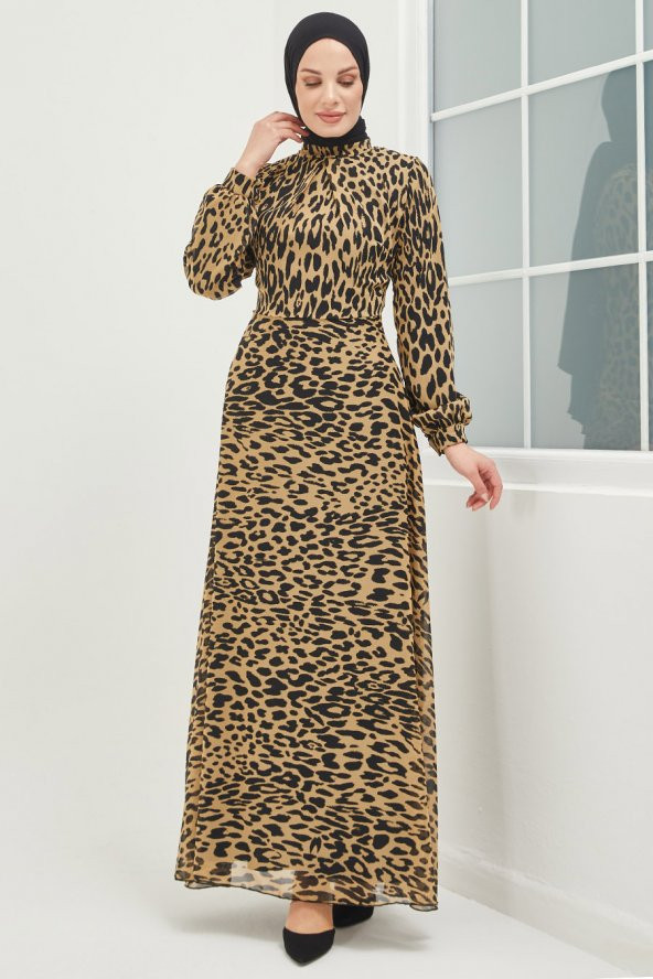 Leopar Desenli Tesettür Elbise - 2