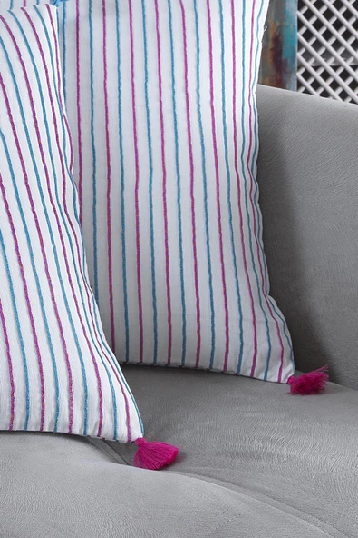 Pompoms 2'li Dekoratif Kırlent Kılıfı Yastık Kılıfı %100 Pamuklu 44x44 Cm - 9