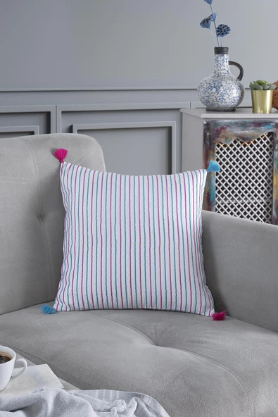 Pompoms 2'li Dekoratif Kırlent Kılıfı Yastık Kılıfı %100 Pamuklu 44x44 Cm - 11