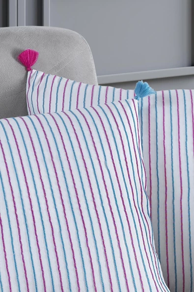 Pompoms 2'li Dekoratif Kırlent Kılıfı Yastık Kılıfı %100 Pamuklu 44x44 Cm - 8