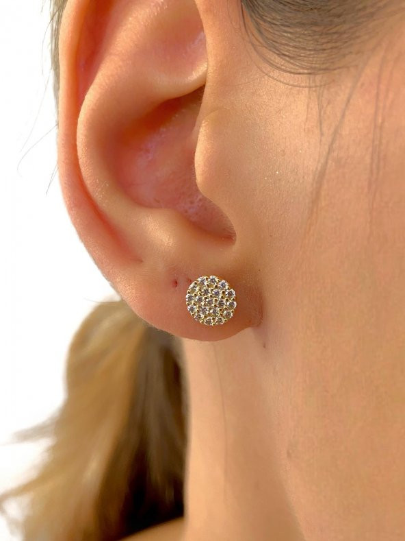 14 Ayar Altın Minik Yuvarlak Zirkon Taş Top Küpe - Resim 3