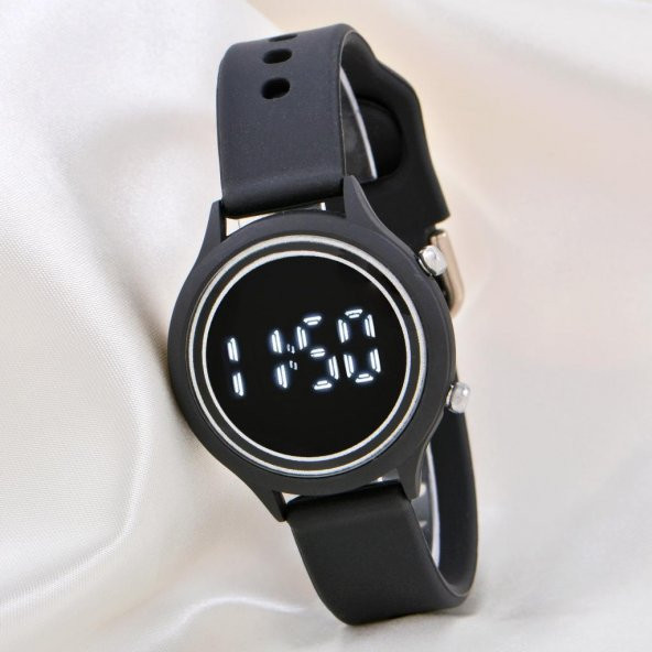 Kadın Saati Siyah Renk Silikon Kordonlu Tuşlu Led Unisex Çocuk Bileklik Saat ST-304169