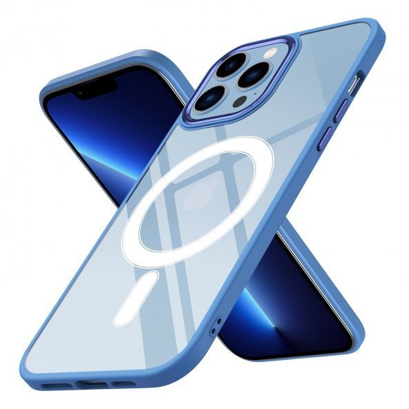 KNY Apple İphone 13 Pro Max Kılıf Parlak Kamera Korumalı Renkli Kenarlı Magsafeli Krom Kapak Mavi