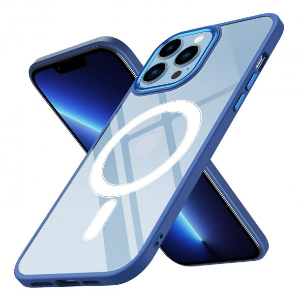 KNY Apple İphone 13 Pro Max Kılıf Parlak Kamera Korumalı Renkli Kenarlı Magsafeli Krom Kapak Lacivert