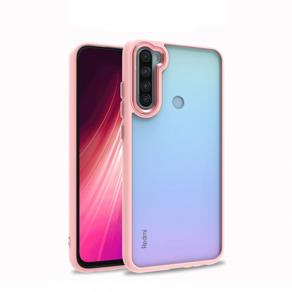 KNY Xiaomi Redmi Note 8 Kılıf Renkli Silikon Kenarlı Arkası Şeffaf Flora Kapak Pembe