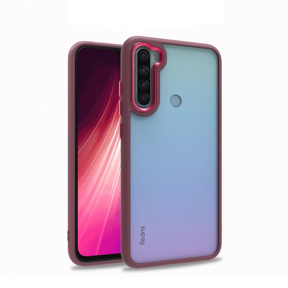 KNY Xiaomi Redmi Note 8 Kılıf Renkli Silikon Kenarlı Arkası Şeffaf Flora Kapak Bordo