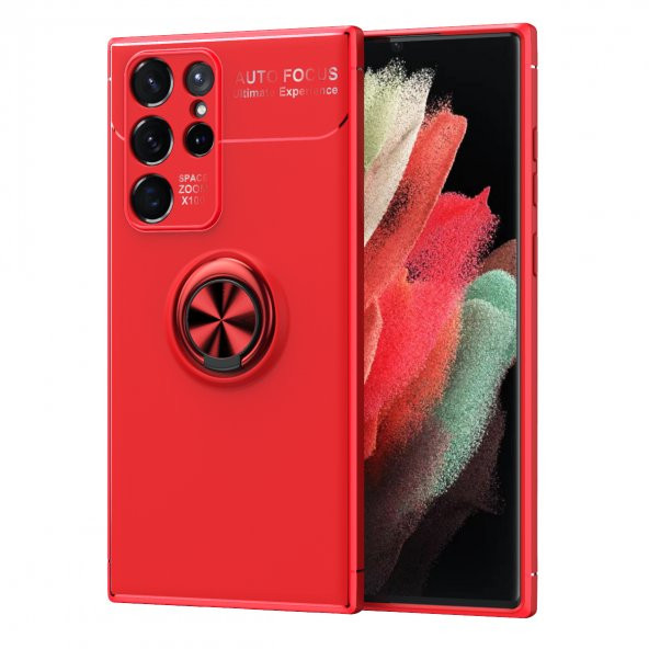 KNY Samsung Galaxy S22 Ultra Kılıf Yüzüklü Manyetik Ravel Silikon Kırmızı