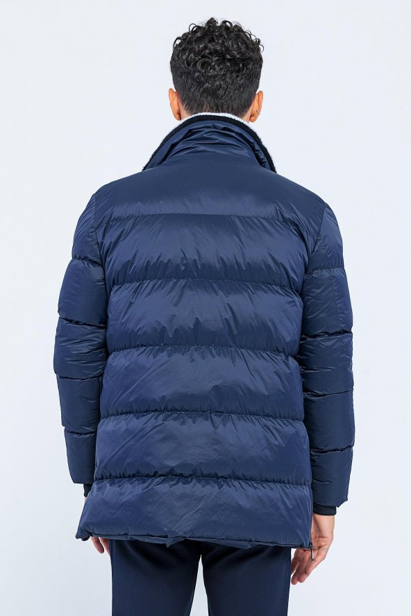 Erkek Regular Fit Fermuarlı Kendinden Eldivenli Rüzgar ve Su Geçirmez Peluş Yaka Kışlık Şişme Mont - 7