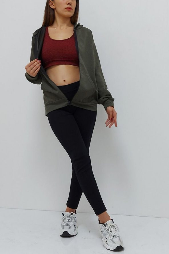 Kapüşonlu Fermuarlı Sweatshirt Haki - 2