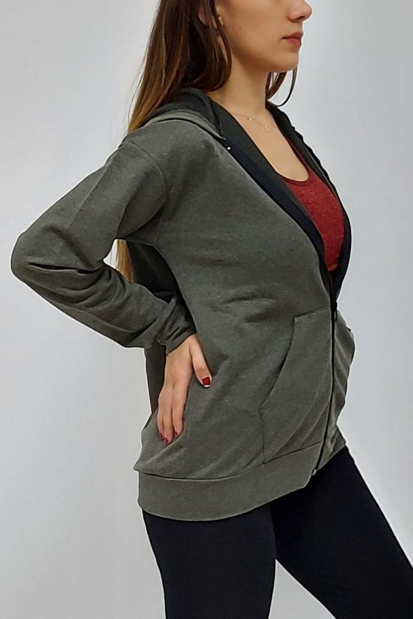 Kapüşonlu Fermuarlı Sweatshirt Haki - 3