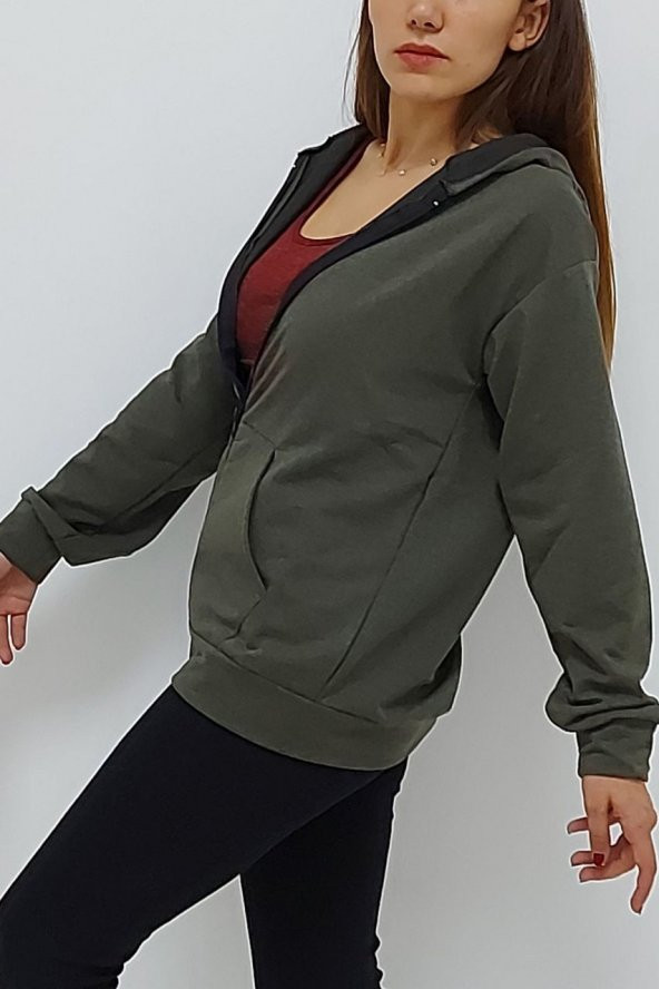 Kapüşonlu Fermuarlı Sweatshirt Haki - 4