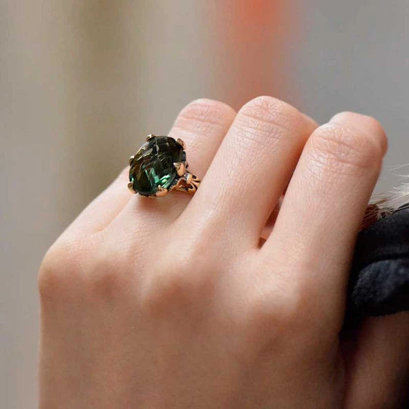 14 Ayar Altın Yeşil Taşlı Yüzük - Resim 2