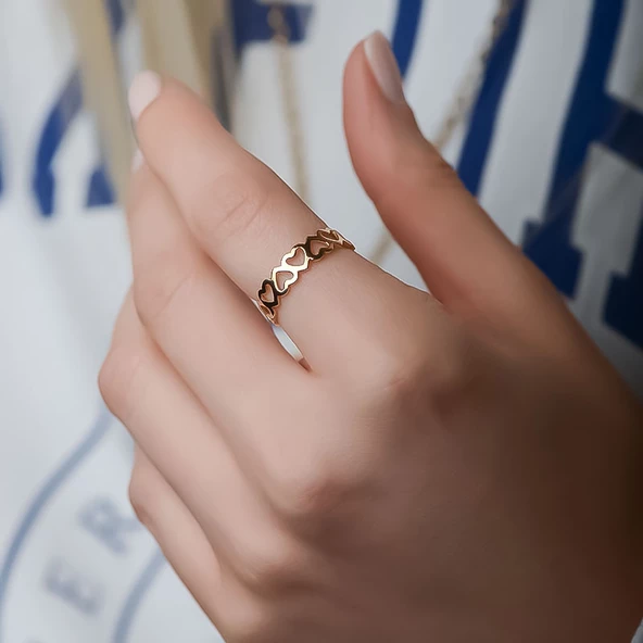 14k Altın Sıralı Kalp Yüzük - Resim 2