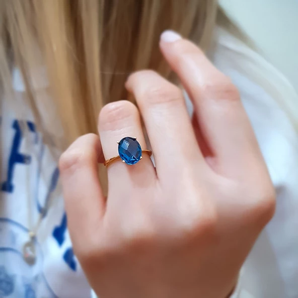 14k Altın London Mavi Topaz Taşlı Yüzük - Resim 2