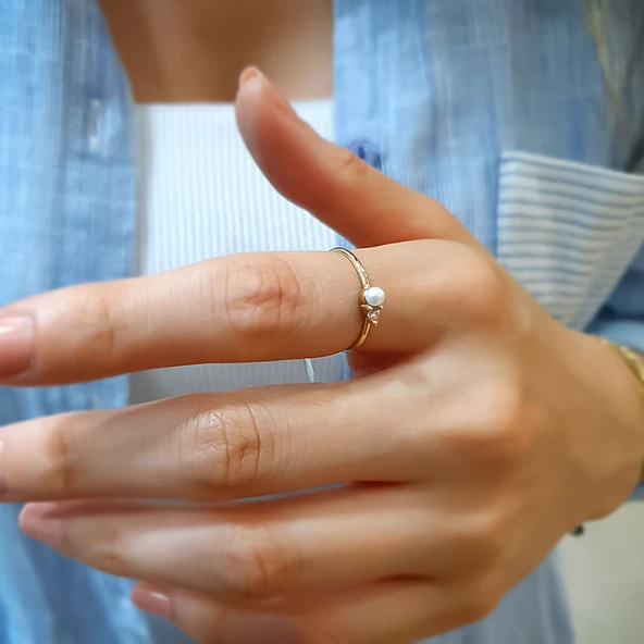 14k Altın Taşlı inci Yüzük - Resim 2