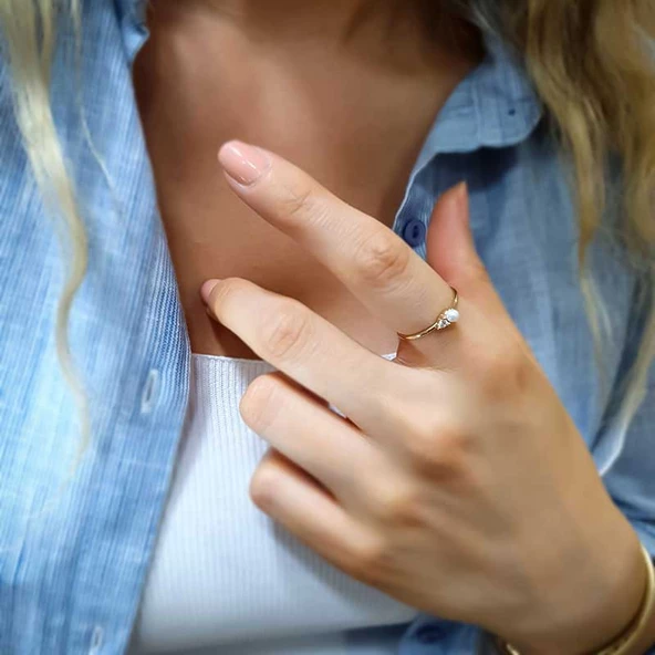 14k Altın Taşlı inci Yüzük - Resim 3