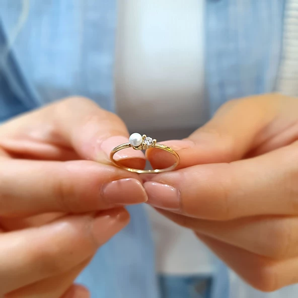 14k Altın Taşlı inci Yüzük - Resim 4