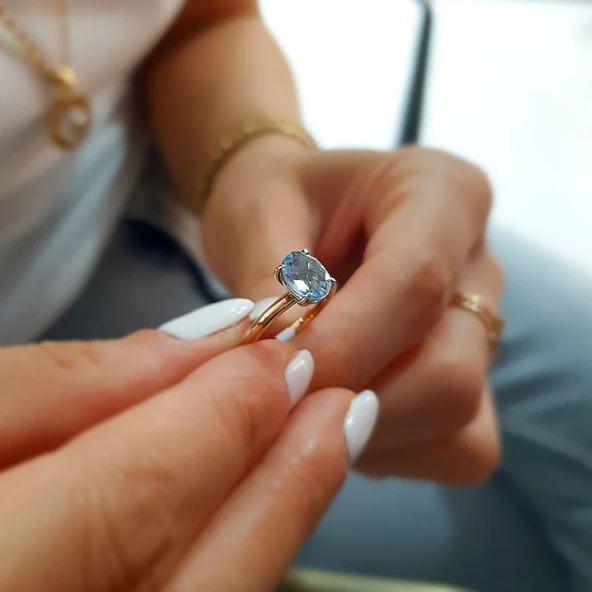 14k Altın Mavi Topaz Taşlı Yüzük - Resim 2
