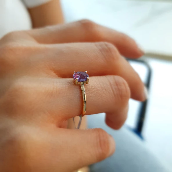 14k Altın Ametist Taşlı Yüzük - Resim 3