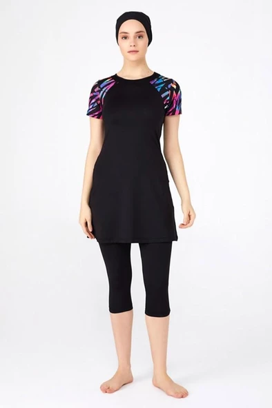 Tesmay 0446  Battal Siyah Lycralı Yarı Kapalı Havuz Mayo - Resim 3