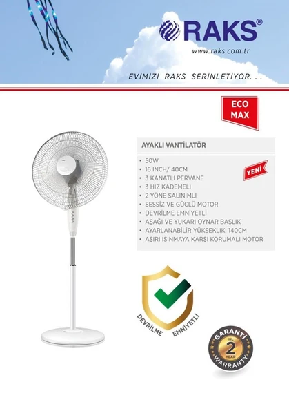 Raks Eco Max Beyaz Ayaklı Vantilatör (SF 16 MAX) - 2