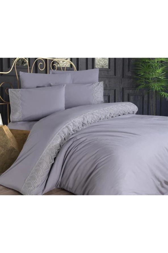 Fransız Dantelli Wave Çeyizlik Nevresim Takımı Gri - Resim 6