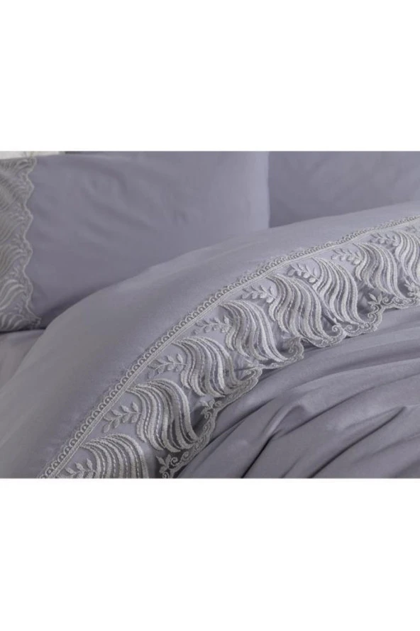 Fransız Dantelli Wave Çeyizlik Nevresim Takımı Gri - Resim 7