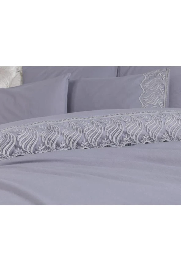 Fransız Dantelli Wave Çeyizlik Nevresim Takımı Gri - Resim 8