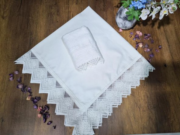 Fransız Güpürlü Dantelle Havlu Bohça 2li Set Krem - 2
