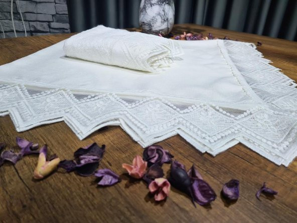 Fransız Güpürlü Dantelle Havlu Bohça 2li Set Krem - 4