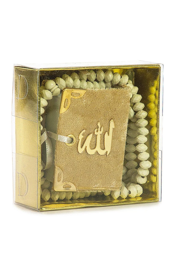 Kadife Kaplı Mini Kuran Kutulu - Tesbihli - Gold
