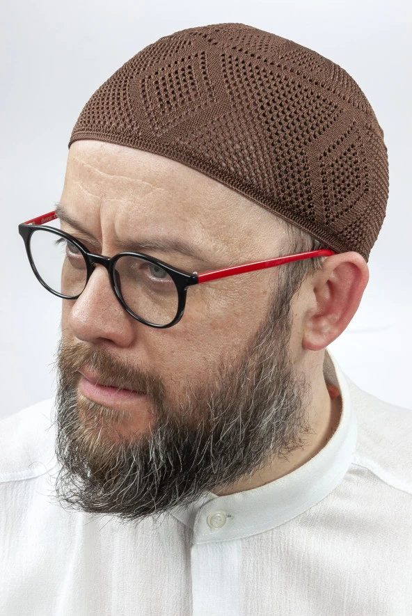 İlmek Dantel Örme Namaz Takkesi - Kahverengi - Resim 2