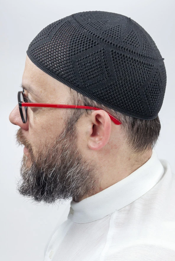 İlmek Dantel Örme Namaz Takkesi - Siyah - Resim 2